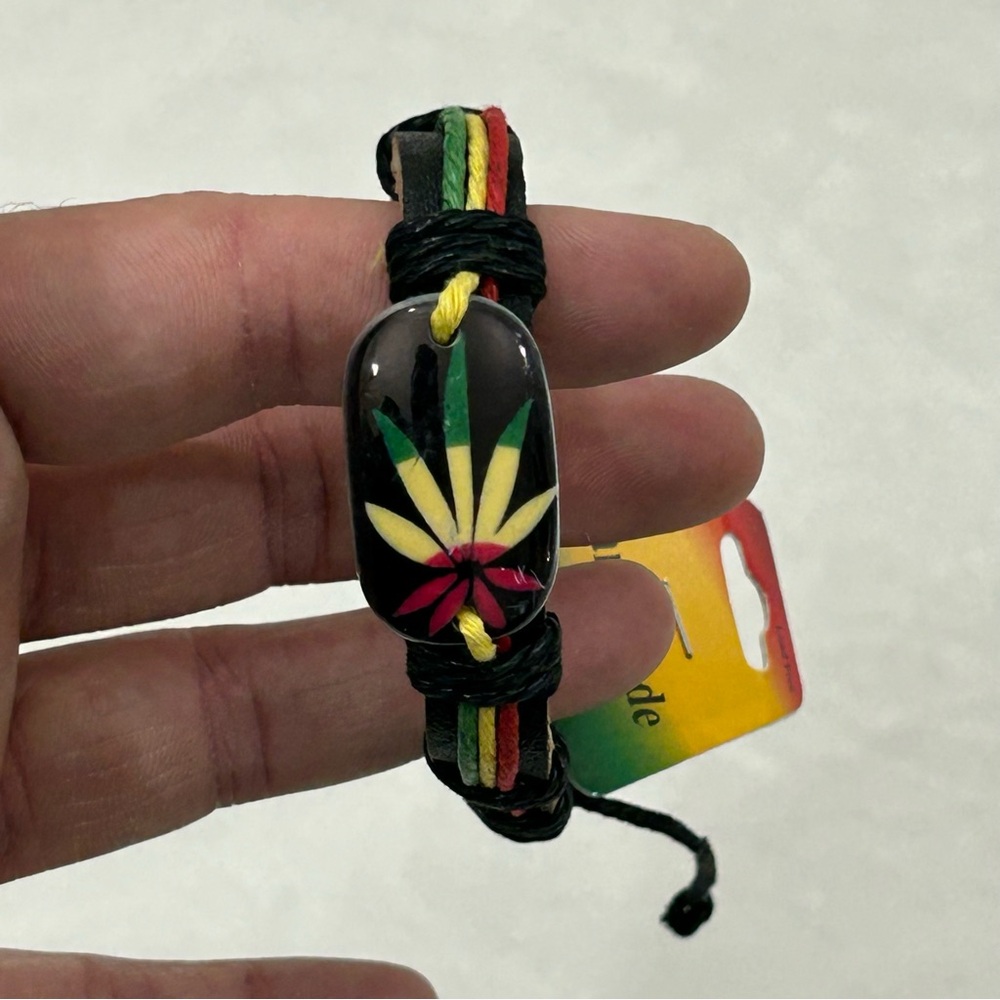 Weed Leaf Stone Rasta Colored Leather Adjustable Wristband Bracelet Anklet OSFM